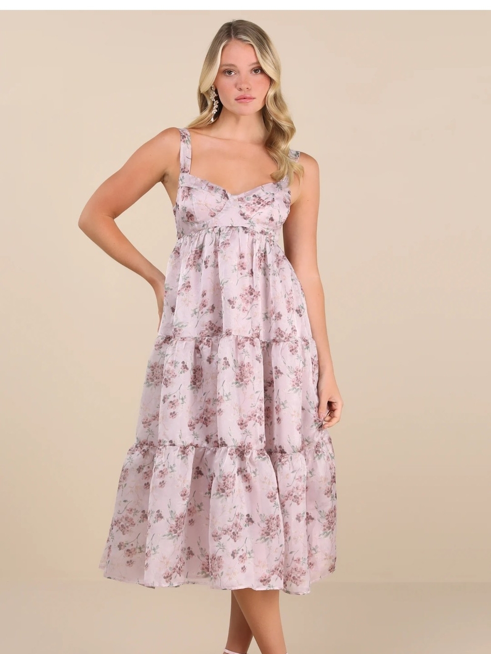 Lulus Marvelously Darling Mauve Floral Tiered Backless Midi Dress - XS